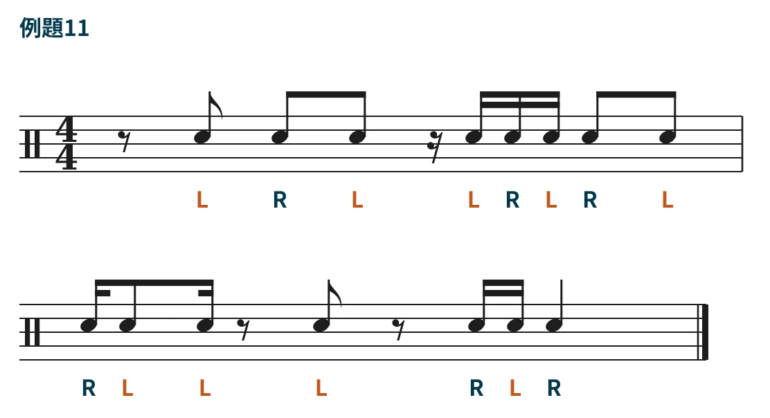 八分音符と十六分音符を混ぜた例題11の譜面